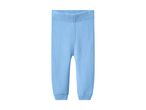 Light blue knitted baby trousers with an elasticated waist and ribbed cuffs.