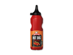 Rød flaske med hotdog ketchup, der viser en hotdog og teksten 'HOT DOG Ketchup'.