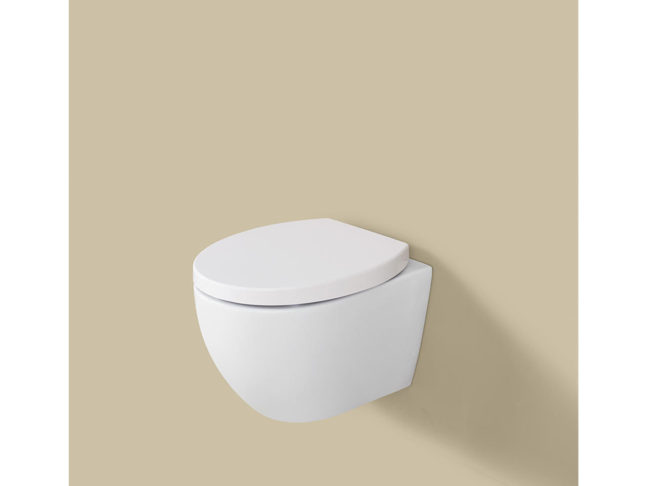 LIVARNO home wall-mounted toilet with a white seat against a beige wall.