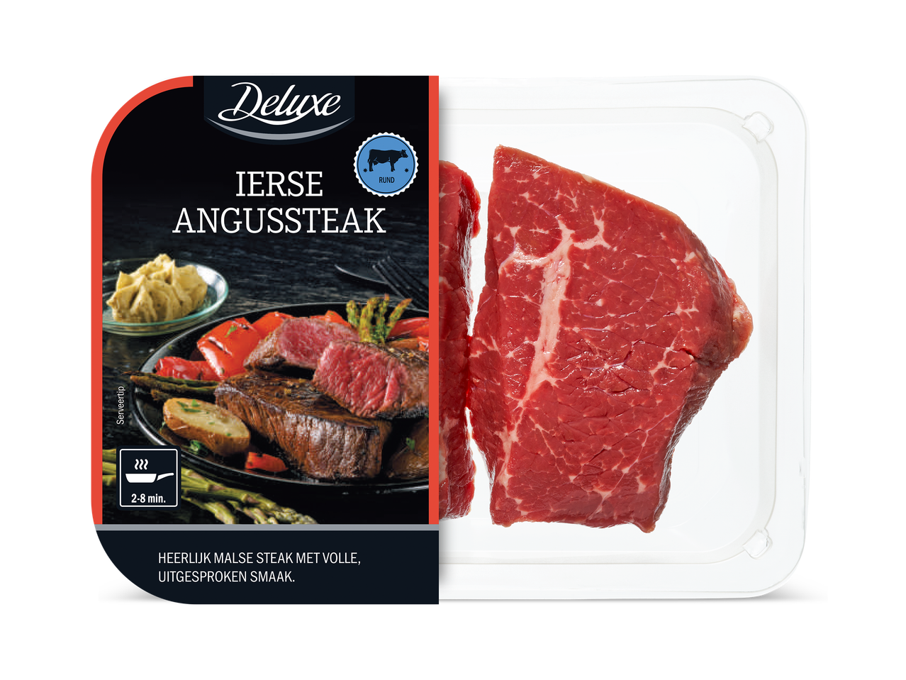 Verpakking Ierse Angussteak met bereid vlees en rauw vlees, inclusief bereidingsinstructies.