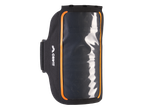Black sports armband with an orange trim and a transparent phone window