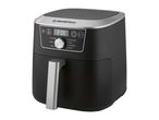 Black and silver hot air fryer with digital display and control dial