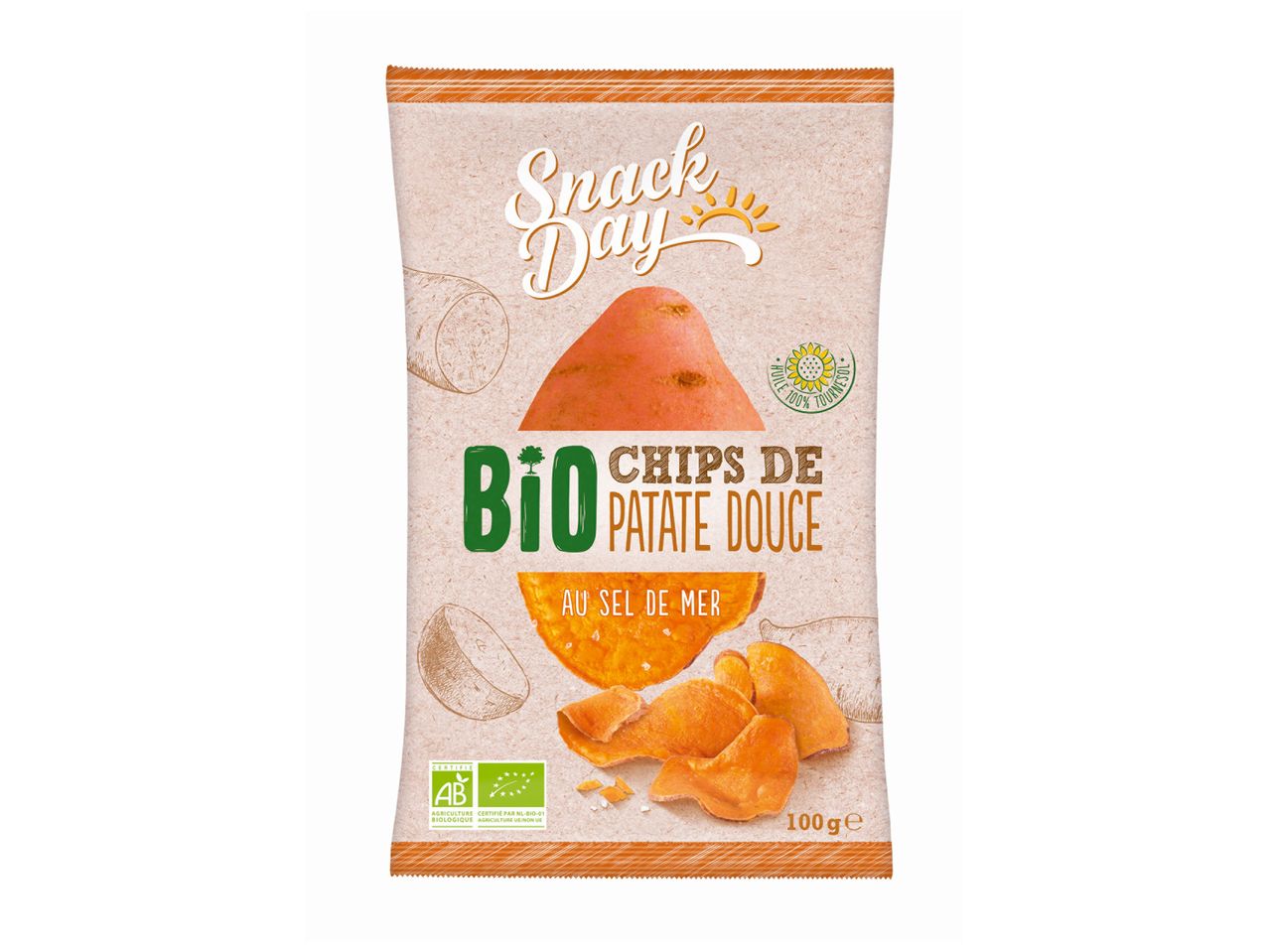 Paquet de chips de patate douce bio Snack Day au sel de mer.
