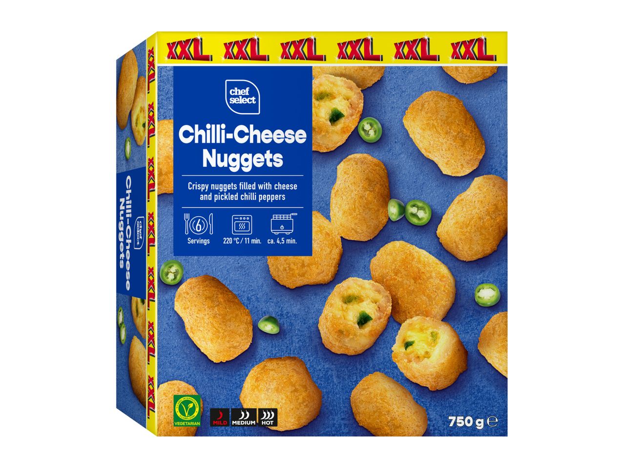 Chef Select XXL Chilli-Cheese Nuggets: crispy nuggets filled with cheese and pickled chilli peppers.