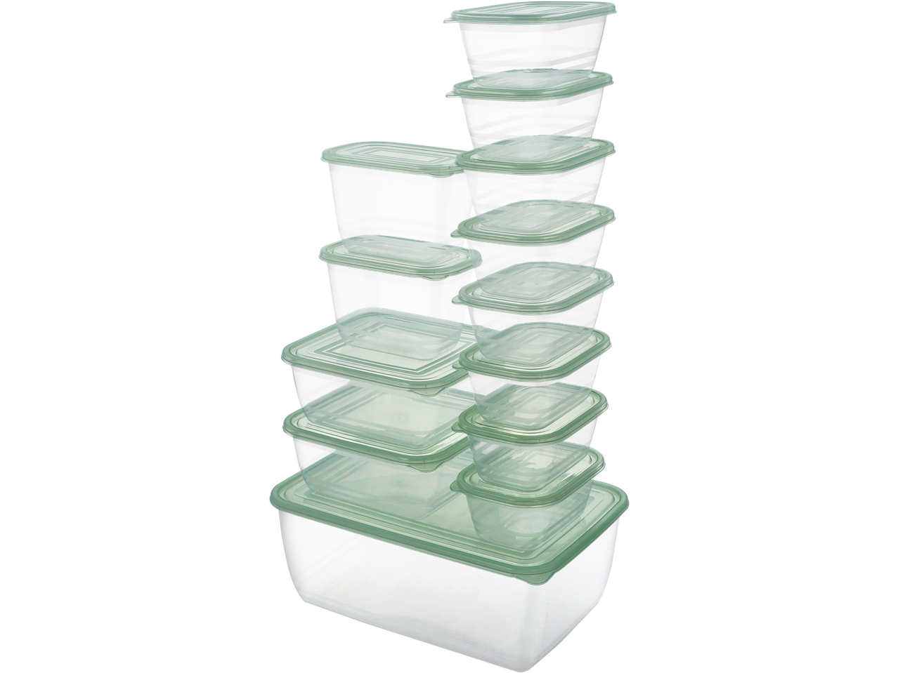 Στοιβάζονται διαφανή πλαστικά δοχεία τροφίμων με ανοιχτό πράσινο καπάκι, σε διάφορα μεγέθη.
