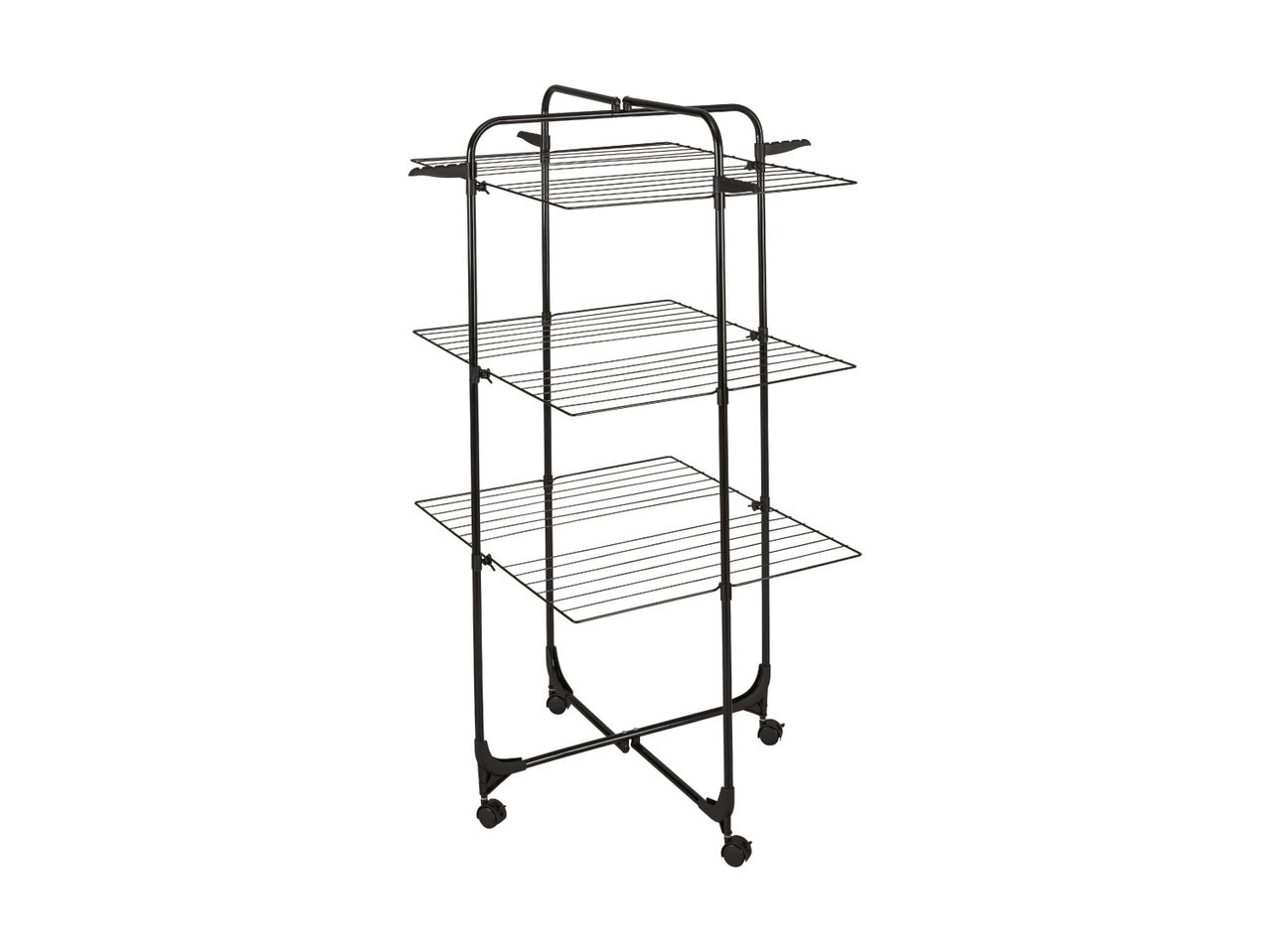 Black three-tier clothes drying rack with wheels on a white background.