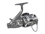 Grey fishing reel with a black handle and silver accents, showing product numbers on the side.
