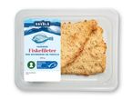 Panerede fiskefileter fra Havblå i en klar plastbakke.