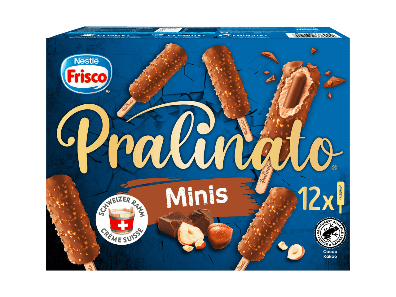 Packung Pralinato Mini-Eiscreme mit Haselnüssen und Schokolade, 12 Stück.