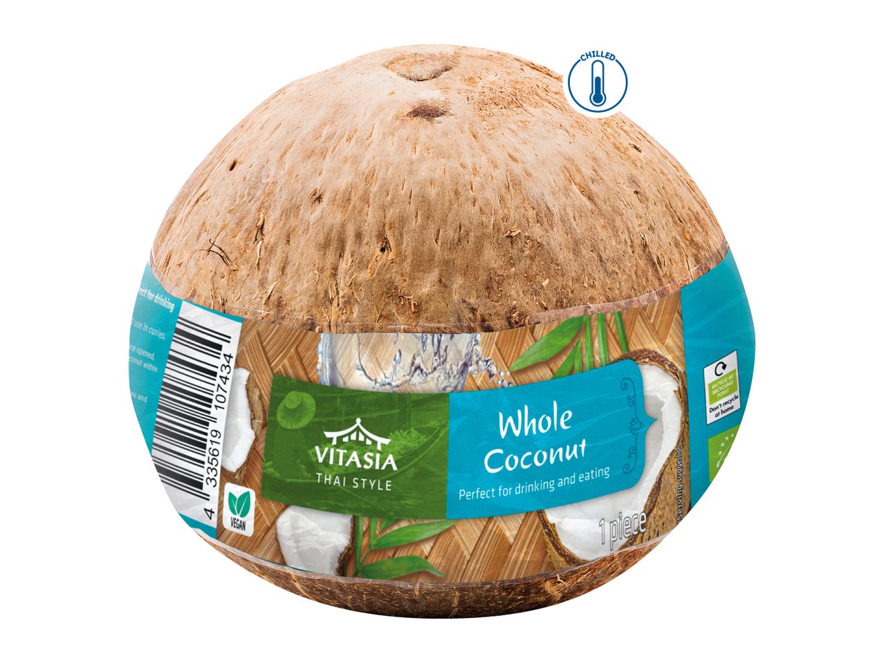 A whole coconut with a label indicating it's chilled, perfect for drinking and eating.