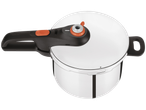 Witte Tefal snelkookpan met zwart handvat en oranje details