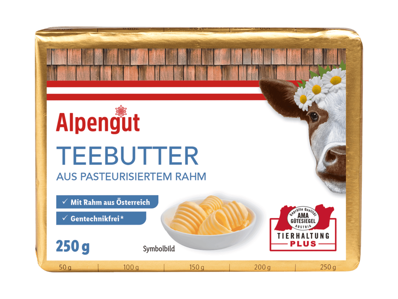 Alpengut Teebutter aus pasteurisiertem Rahm, 250g Packung mit Kuh und Butterröllchen.