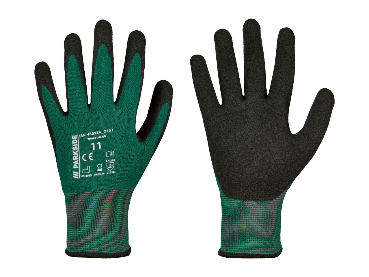Pair of green and black work gloves with text details on the left glove.