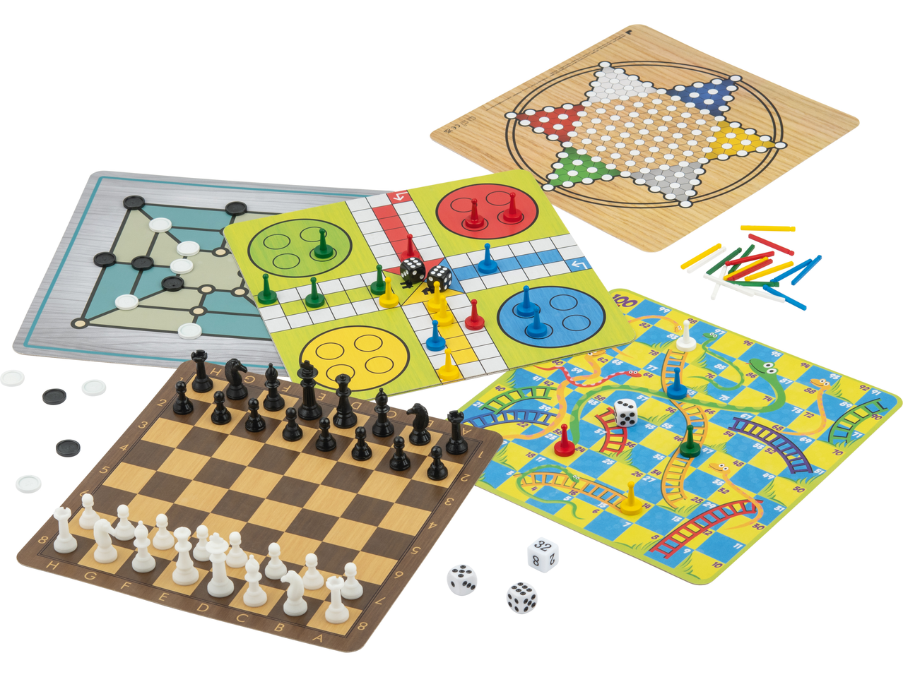 lupilu® Brettspielset mit Schach, Dame, Ludo, Schlangen und Leitern und chinesischem Dame.