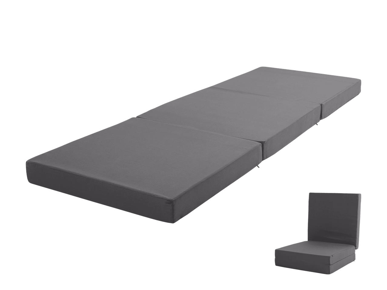 Harmaa taitettava patja, joka on esitetty sekä avattuna että tuolina.