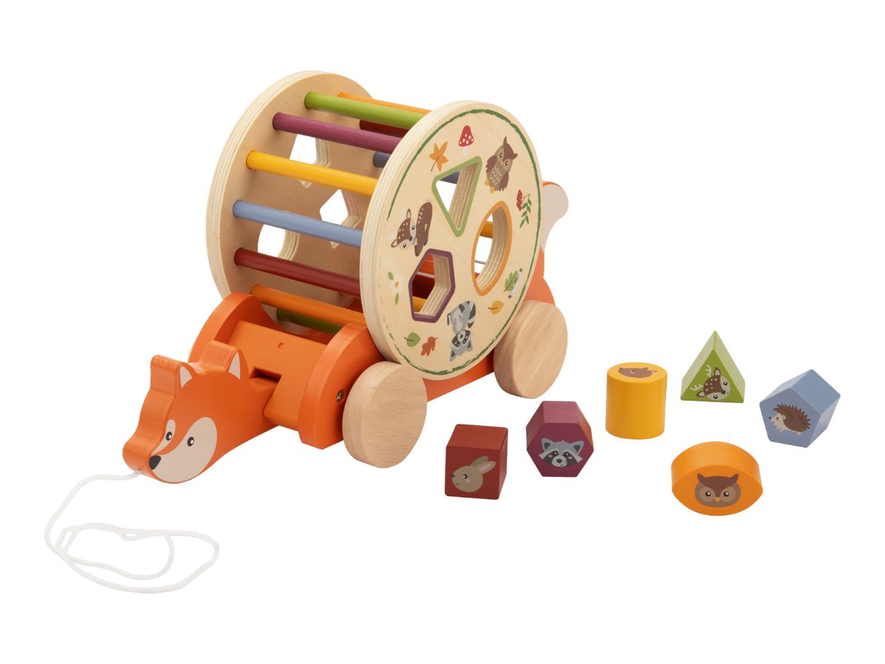 Wooden fox pull-along toy with a shape sorter drum and six forest animal-themed blocks.