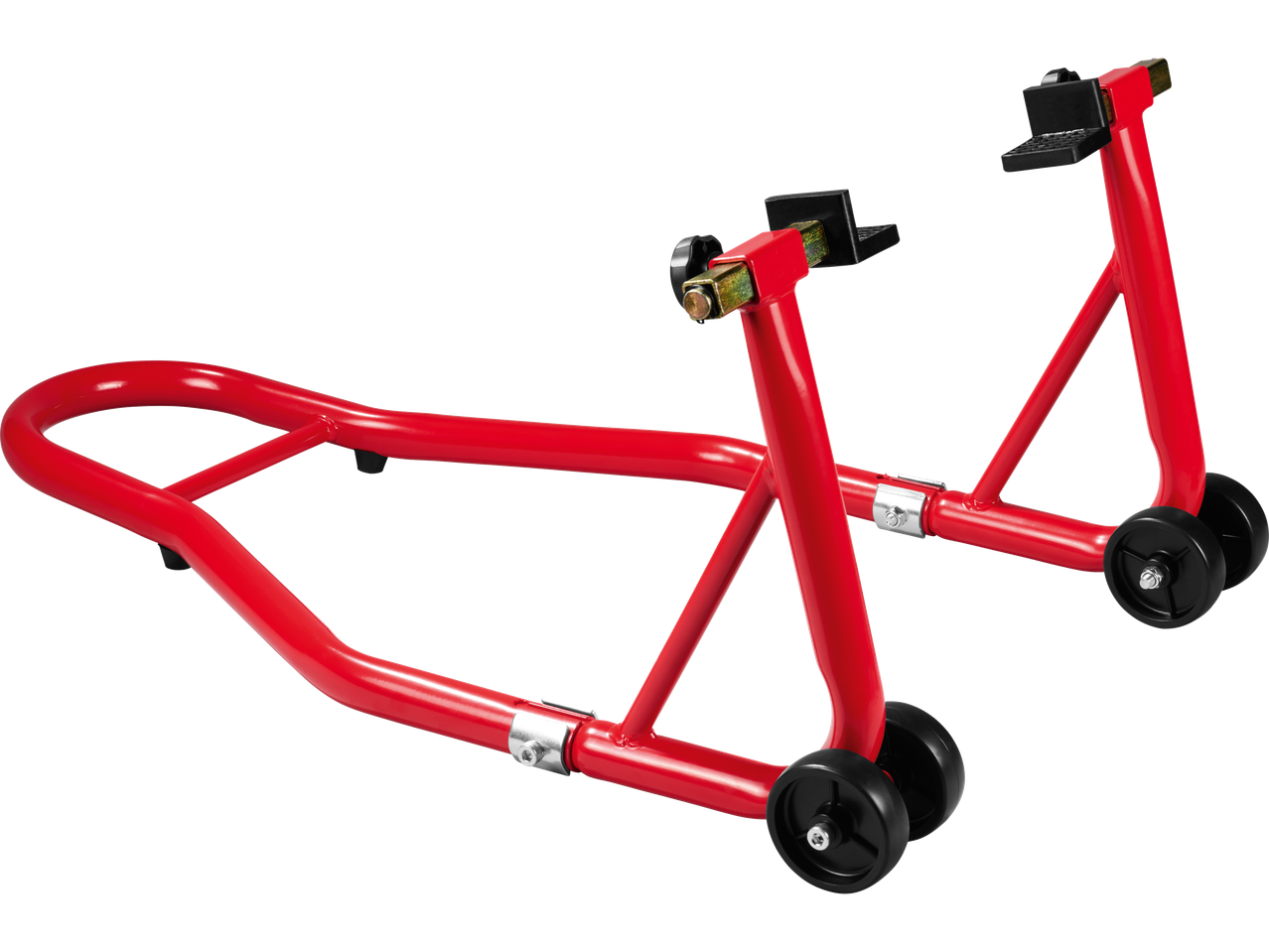 Ultimate Speed Helmunterzieher: Raudonas motociklo stovas su ratukais.