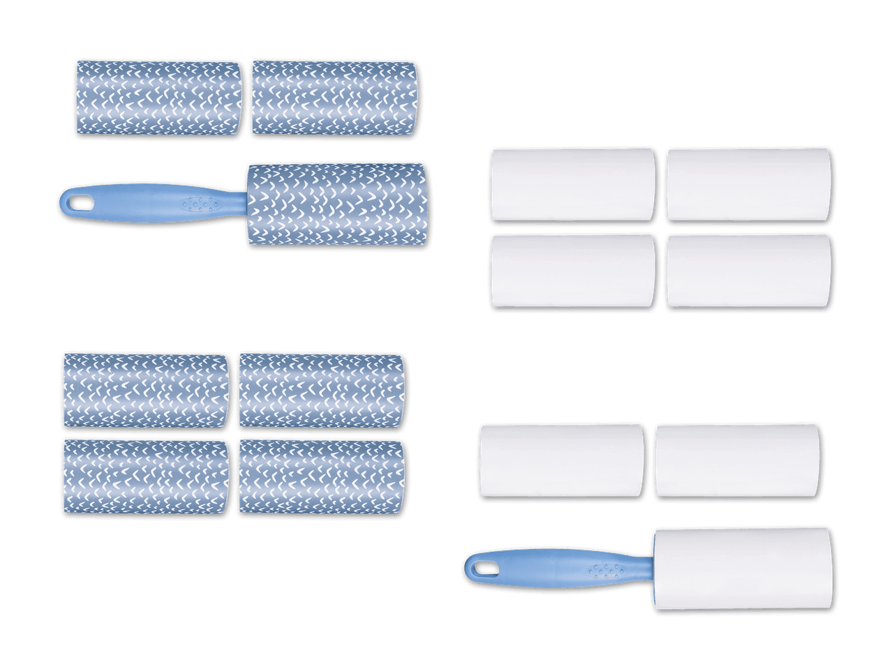 Zwei verschiedene Arten von Kleberollen, eine mit blauem Klebeband und eine mit weißem Klebeband.