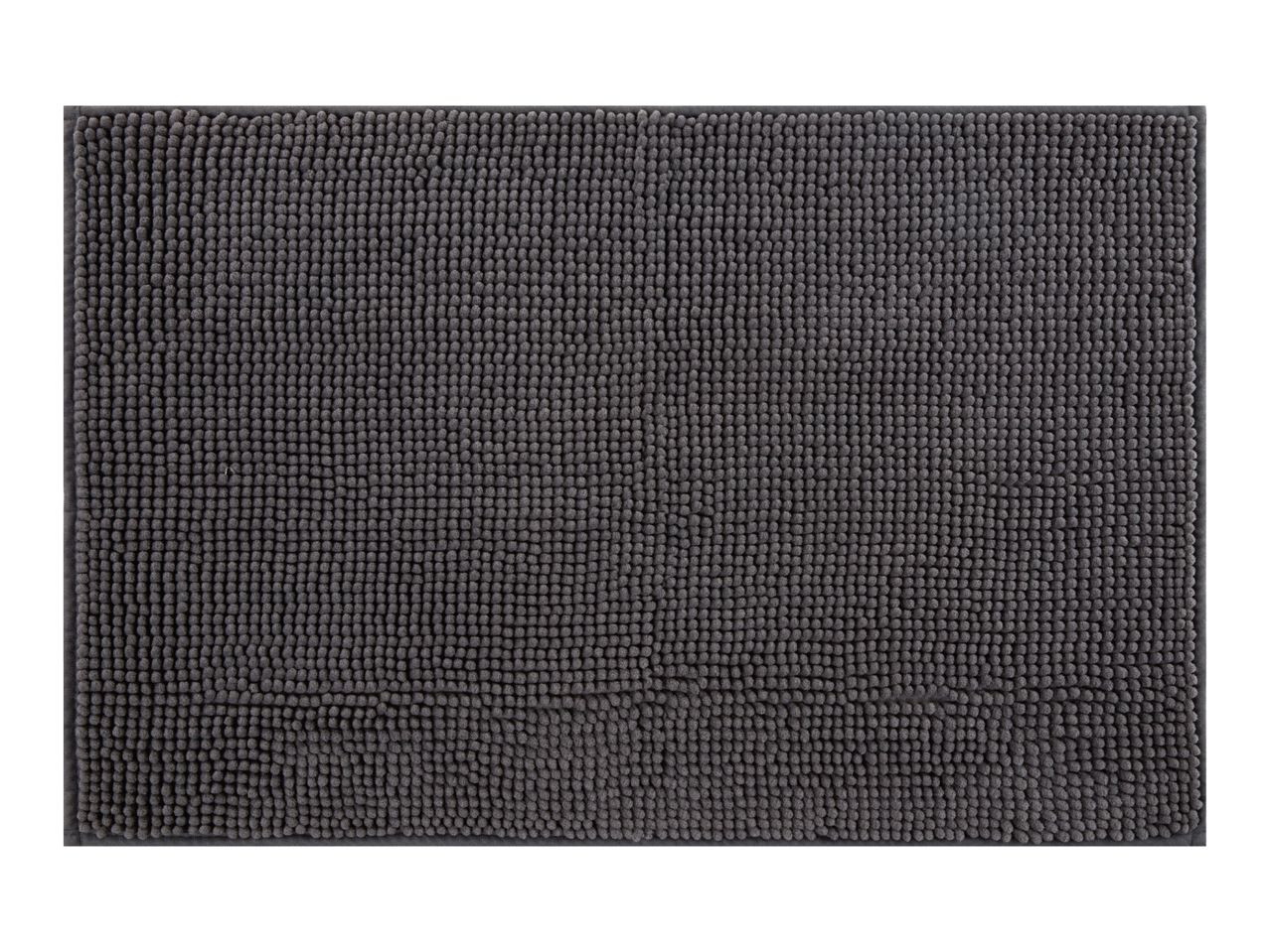 A dark gray bath mat with a textured surface.