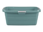 A teal plastic laundry basket with gray handles.