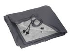 Gray protective cover with cords and zipper.