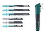 Jigsaw blade set with various blades for wood, plastic, and metal, alongside a hand saw.