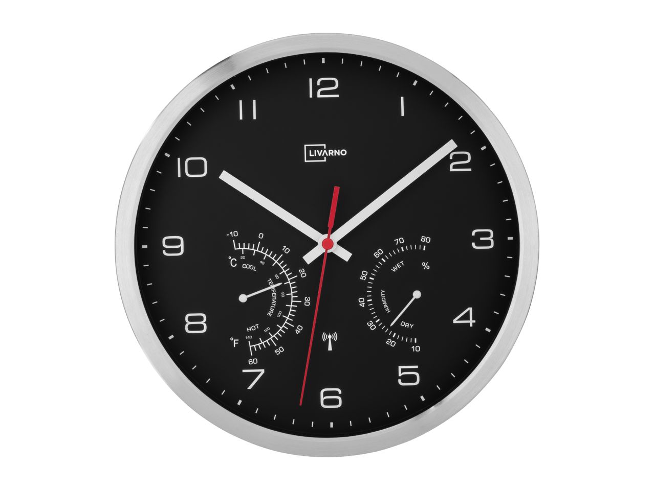 Wall clock with a black face, white numbers, and integrated temperature and humidity gauges.
