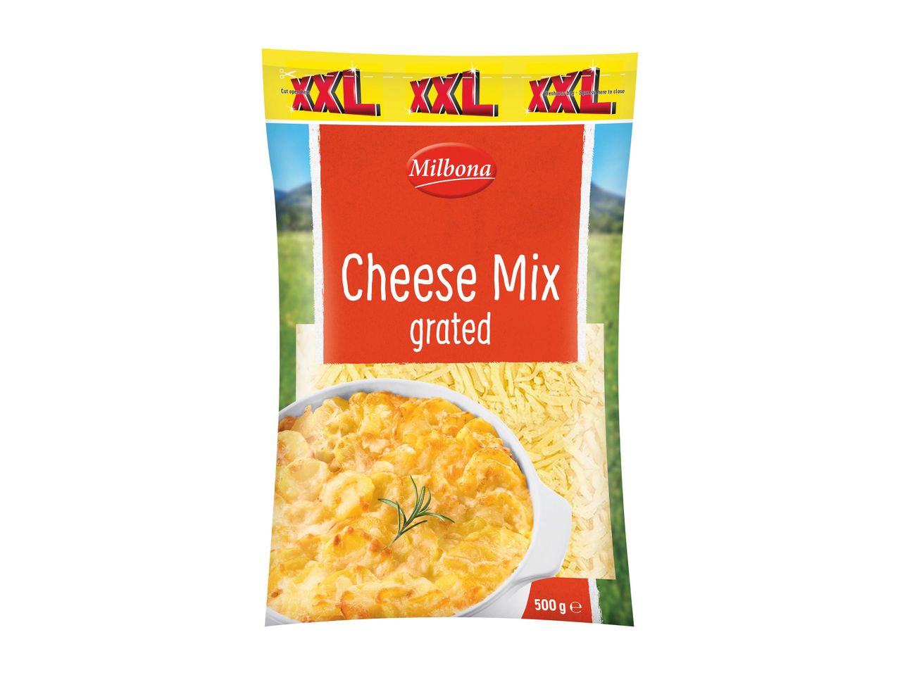 Milbona XXL reszelt sajtkeverék, 500g, rakott burgonyával