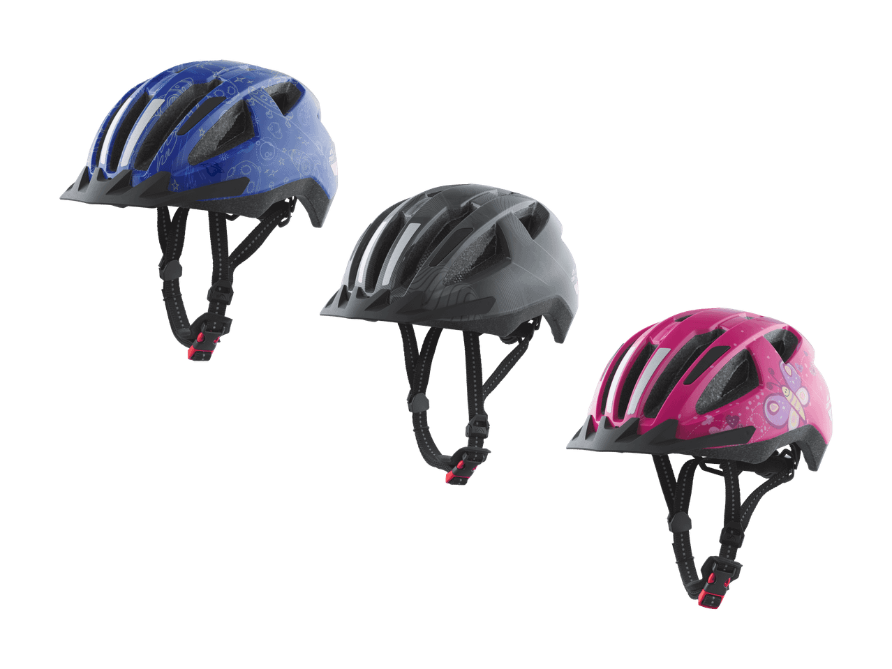 Trois casques de vélo pour enfants : bleu motifs spatiaux, gris lignes, rose papillons.