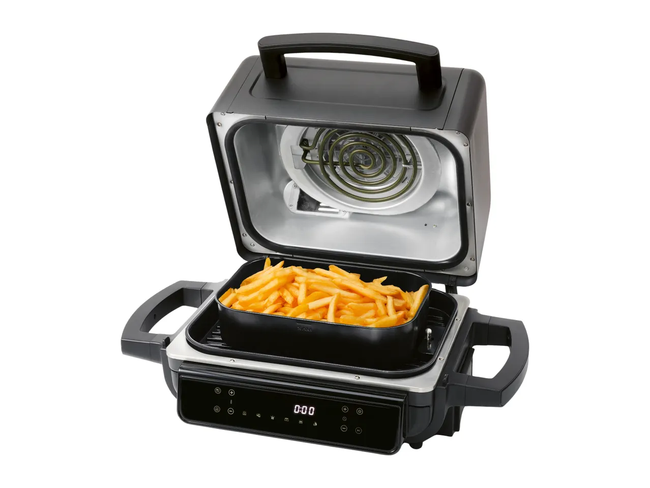 Air fryer with a basket of golden french fries, open to show the heating element.