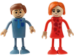 Wooden male and female figures, red dress, blue shirt.