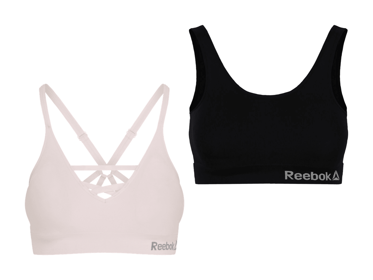Deux soutiens-gorge de sport, un rose clair avec des bretelles croisées et un noir uni.