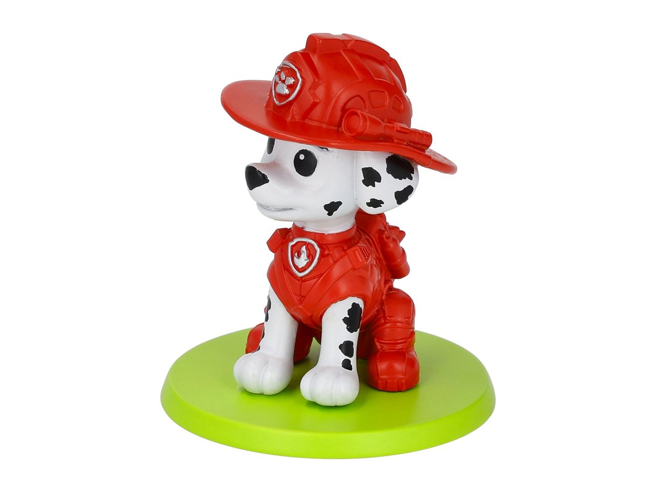A dalmatian dog figurine wearing a red firefighter helmet and uniform, standing on a green base.