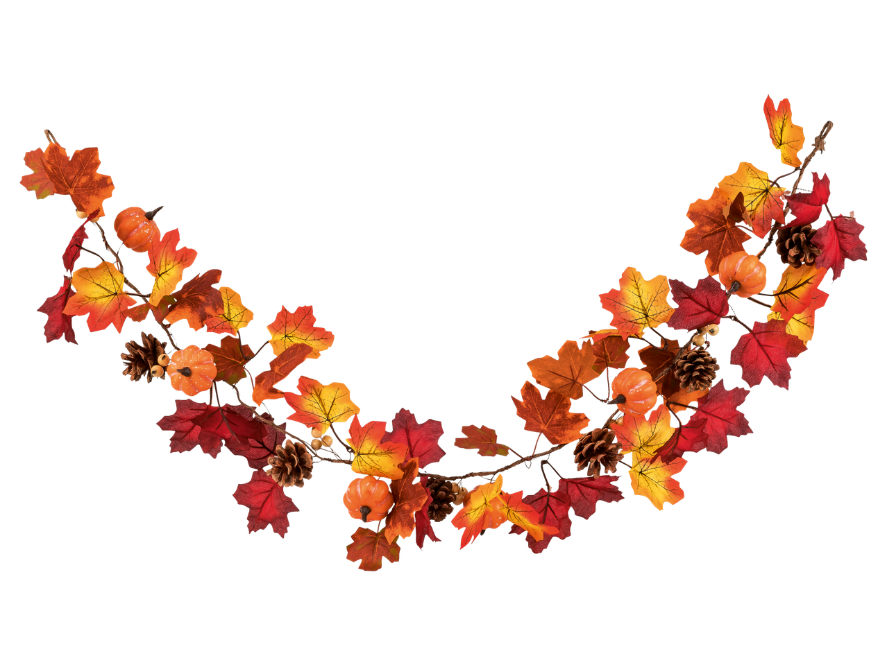 Autumn garland with colorful leaves, pumpkins, and pinecones.