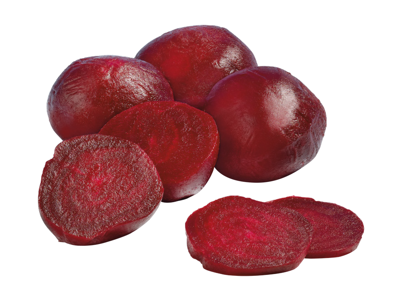 Vārītas bietes, veselas un sagrieztas šķēlēs