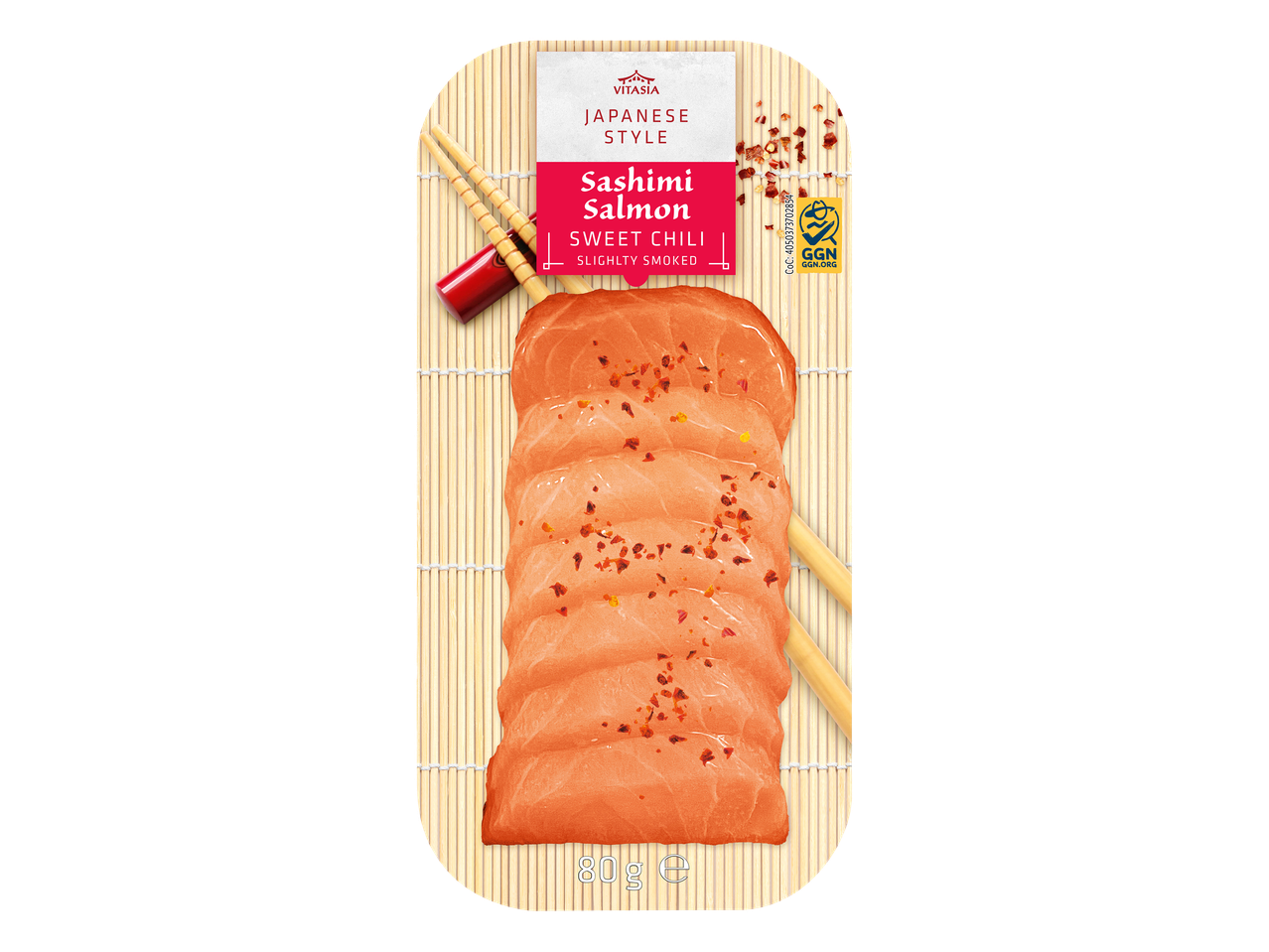 Saumon sashimi style japonais avec piment doux, légèrement fumé, 80g.