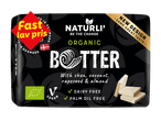 Vegansk smør med shea, kokos, raps og mandel, mærket 'Fast lav pris' og 'Nyt design'.