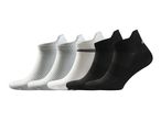 Five pairs of ankle socks in white, light grey, and black, with some featuring stripes.