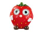 Strawberry-shaped solar light with a smiling face and hands.