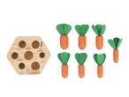 Wooden carrot harvesting game with a hexagonal board and six toy carrots.