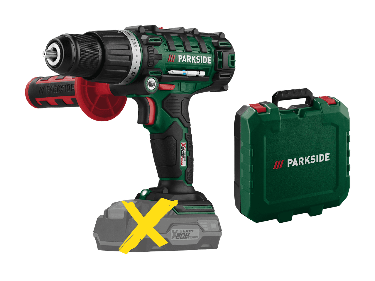 Trapano avvitatore a batteria con valigetta, senza batteria.