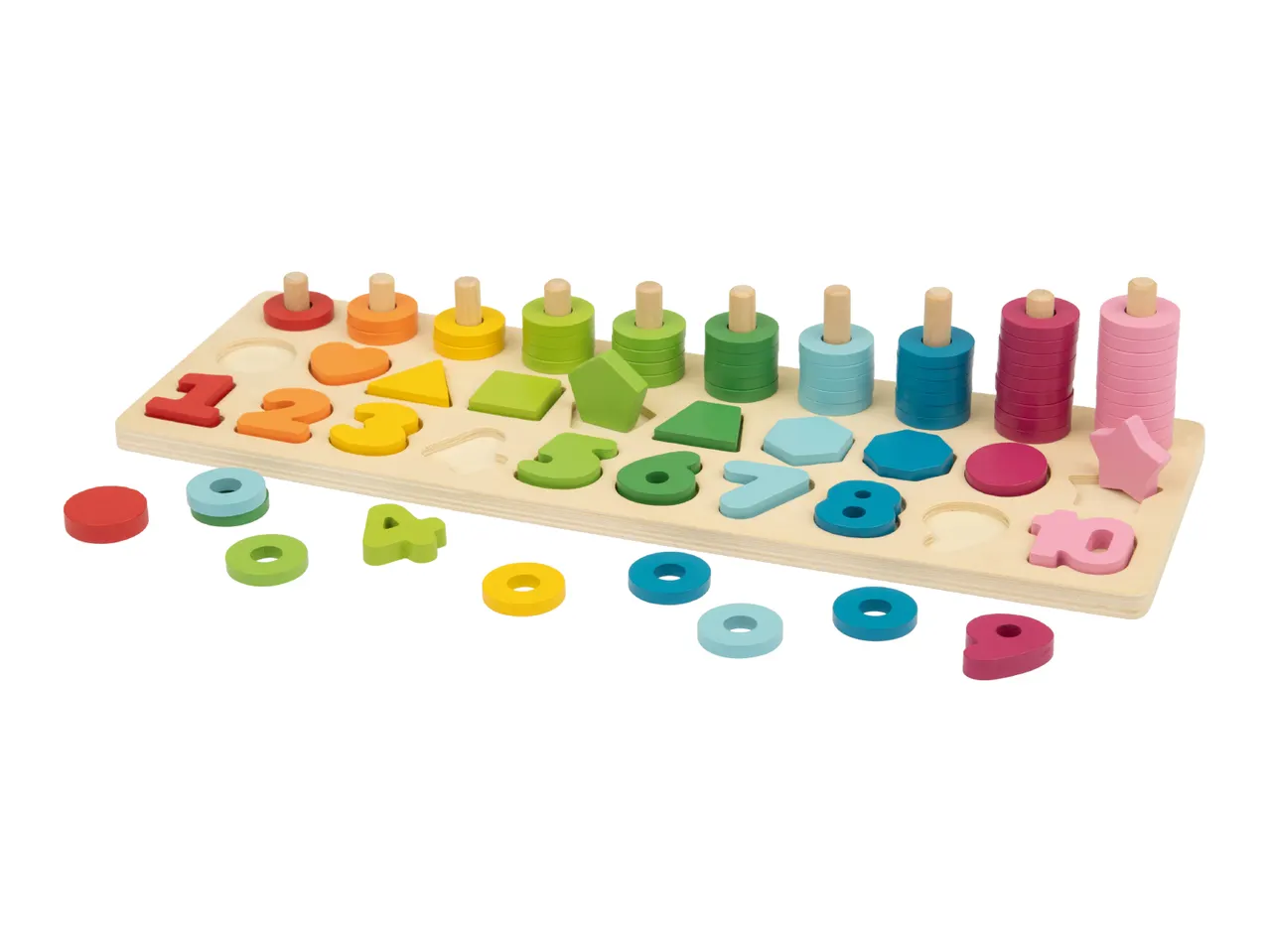 Wooden counting and shape sorting board with colorful numbers, shapes, and rings.