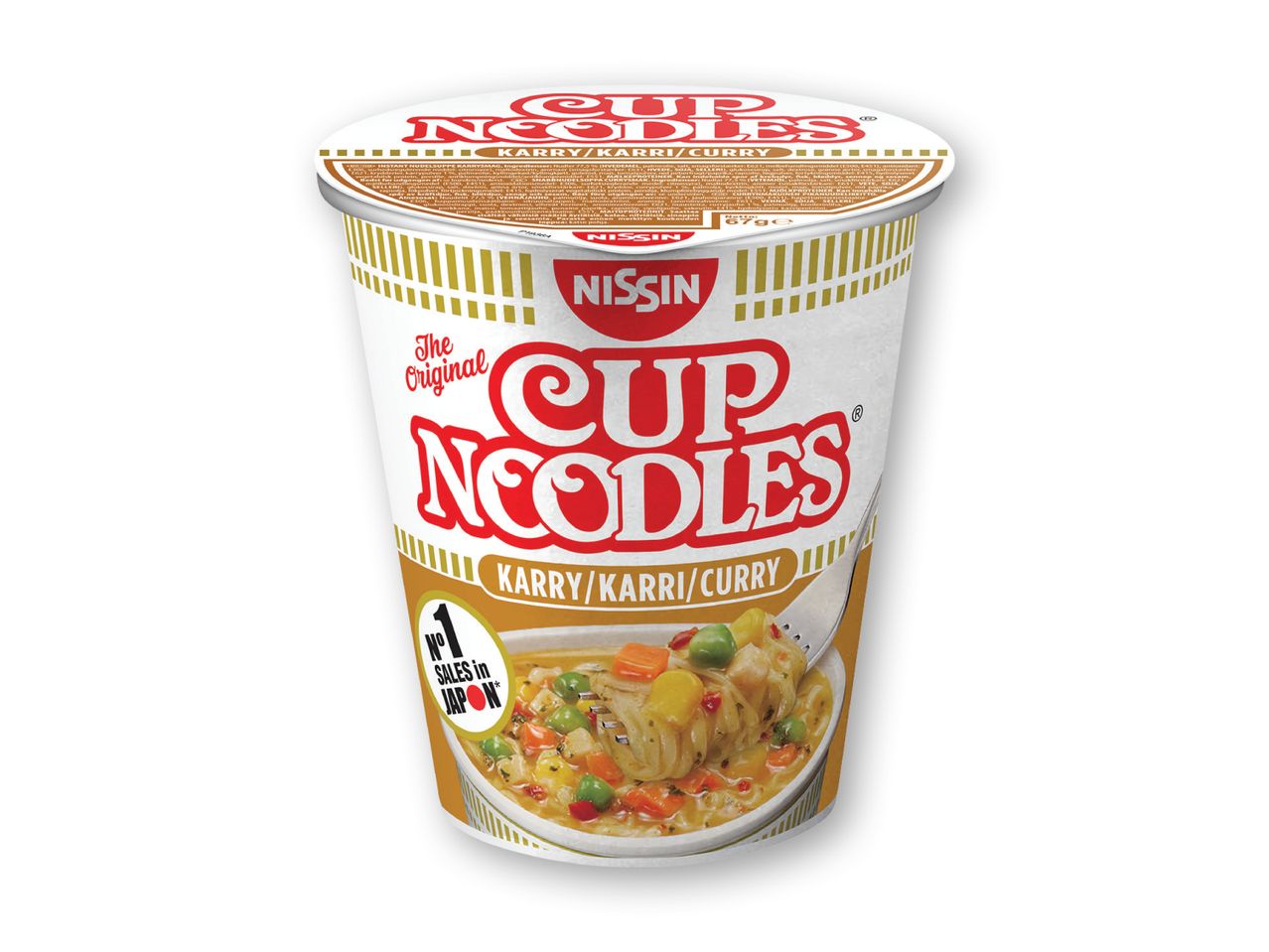 En kop Nissin Cup Noodles karrynudelsuppe.