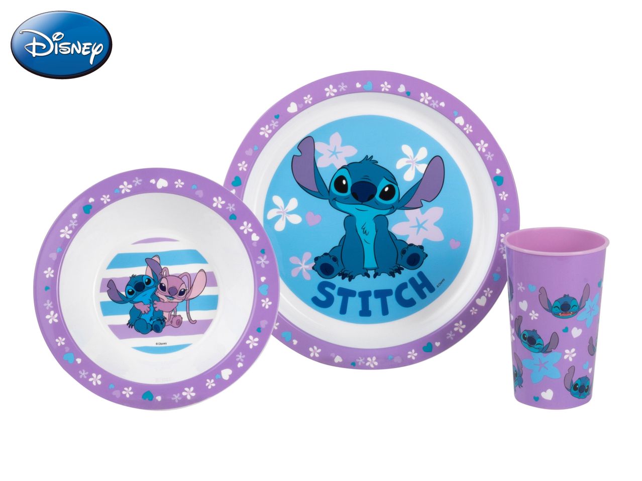 Disney Stitch children's 3-piece melamine dinner set: plate, bowl, and cup.