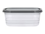 Rectangular transparent food storage container with a dark grey lid.