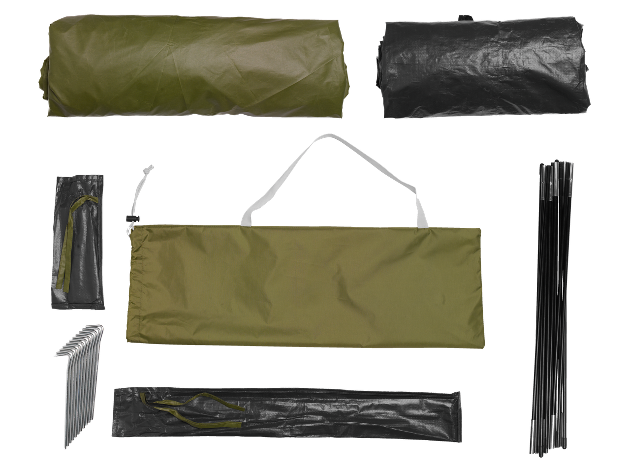Composants d'une tente de camping : bâche verte, bâche noire, sac, piquets et poteaux.