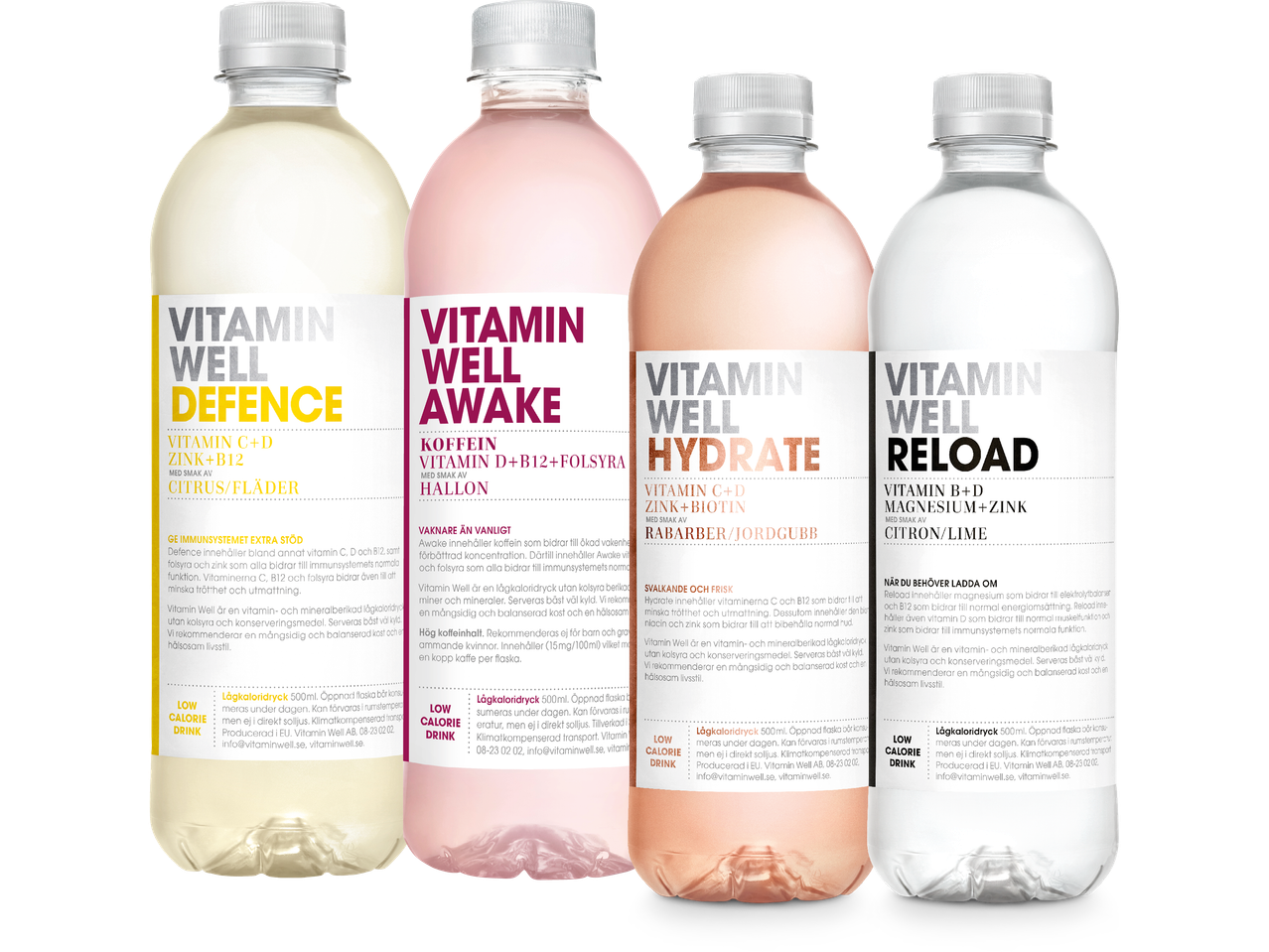 Vitamin Well's sortiment: Defence, Awake, Hydrate och Reload.