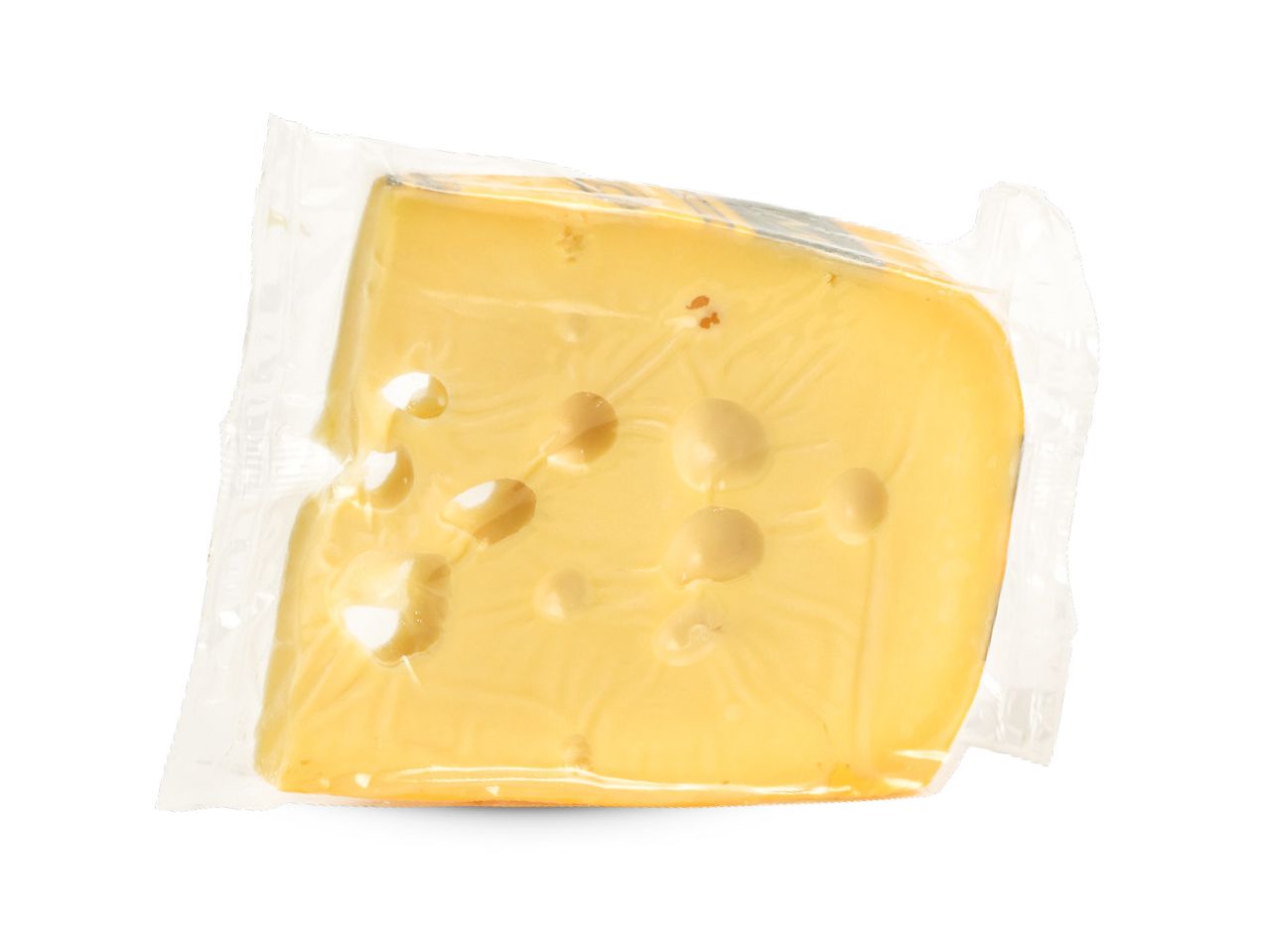 Komad žutog sira s rupama, vakuumiran u prozirnu plastičnu foliju.