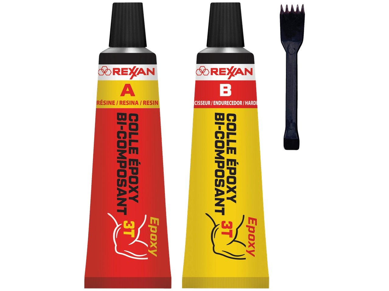 Rexxan® Cola epóxi bicomponente, 2 tubos (vermelho e amarelo) de resina e endurecedor, com espátula.