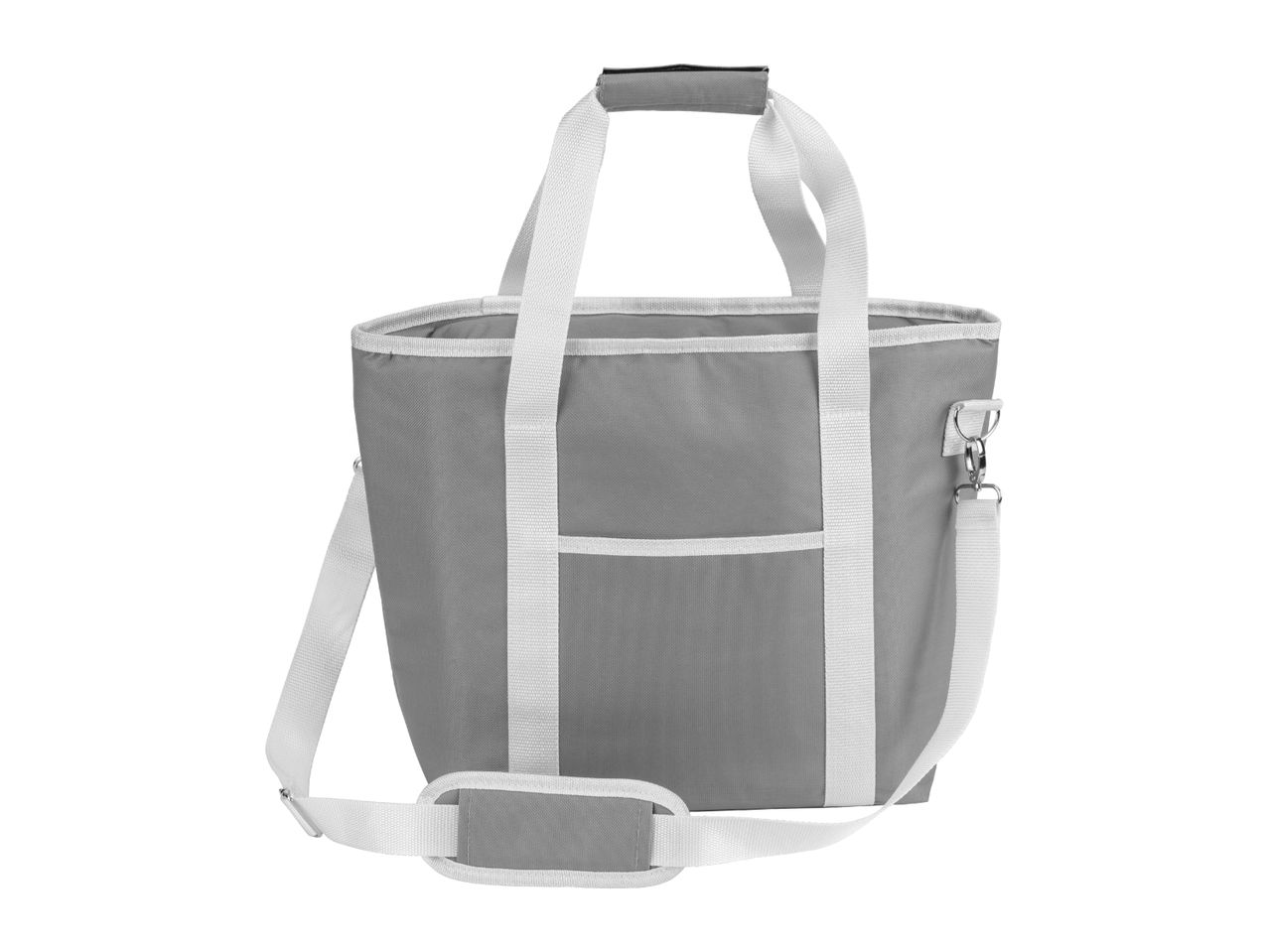 Grey cooler bag with white straps and a shoulder pad, featuring a front pocket.